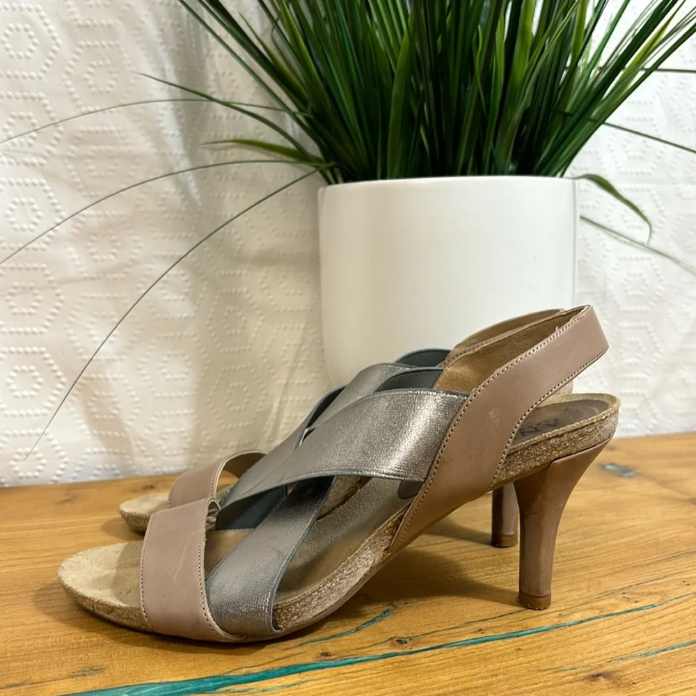 Anyi Lu Italian Dusty Pink& Silver Leather Heels Open Toe Slingback Sandals